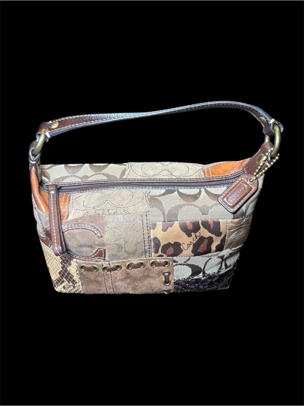 Coach Patchwork Signature & Animal Print Shoulder Bag in Brown and Tan